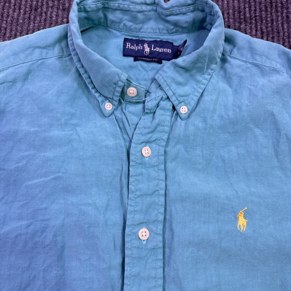 Ralph Lauren Men's Pink Linen Short Sleeve Collared Button-Up Shirt L